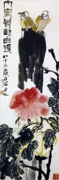 花 鳥 Painting - 中国の伝統的な花の上の斉白石鳥